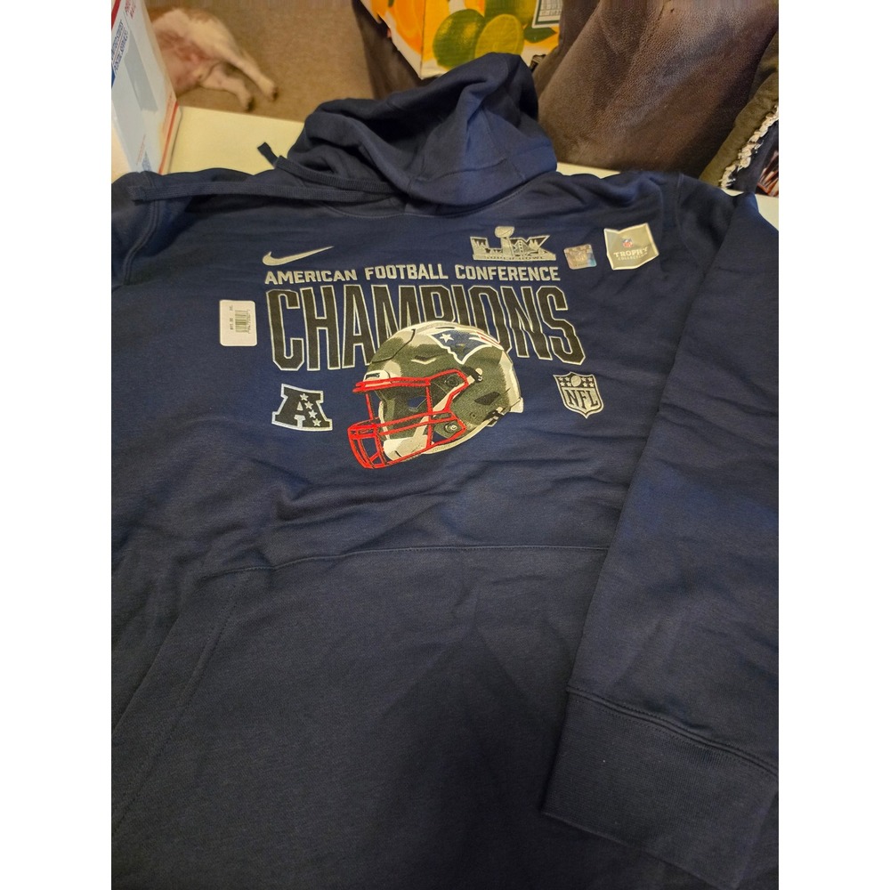Nike New England Patriots AFC Champions Super Bowl 50 Hoodie Navy Blue Mens XXL